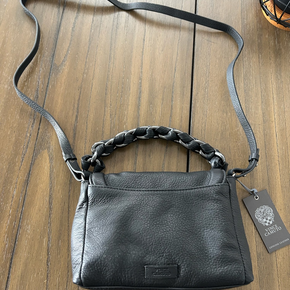 Vince Camuto cross body with short braided chain strap, black leather. Brand new
